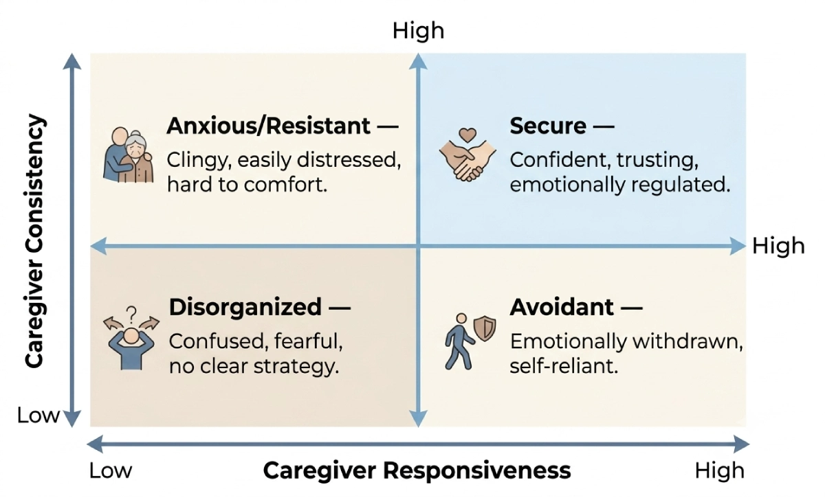 Four attachment styles chart based on Mary Ainsworth's research showing secure, avoidant, anxious-resistant, and disorganized patterns across responsiveness and consistency axes