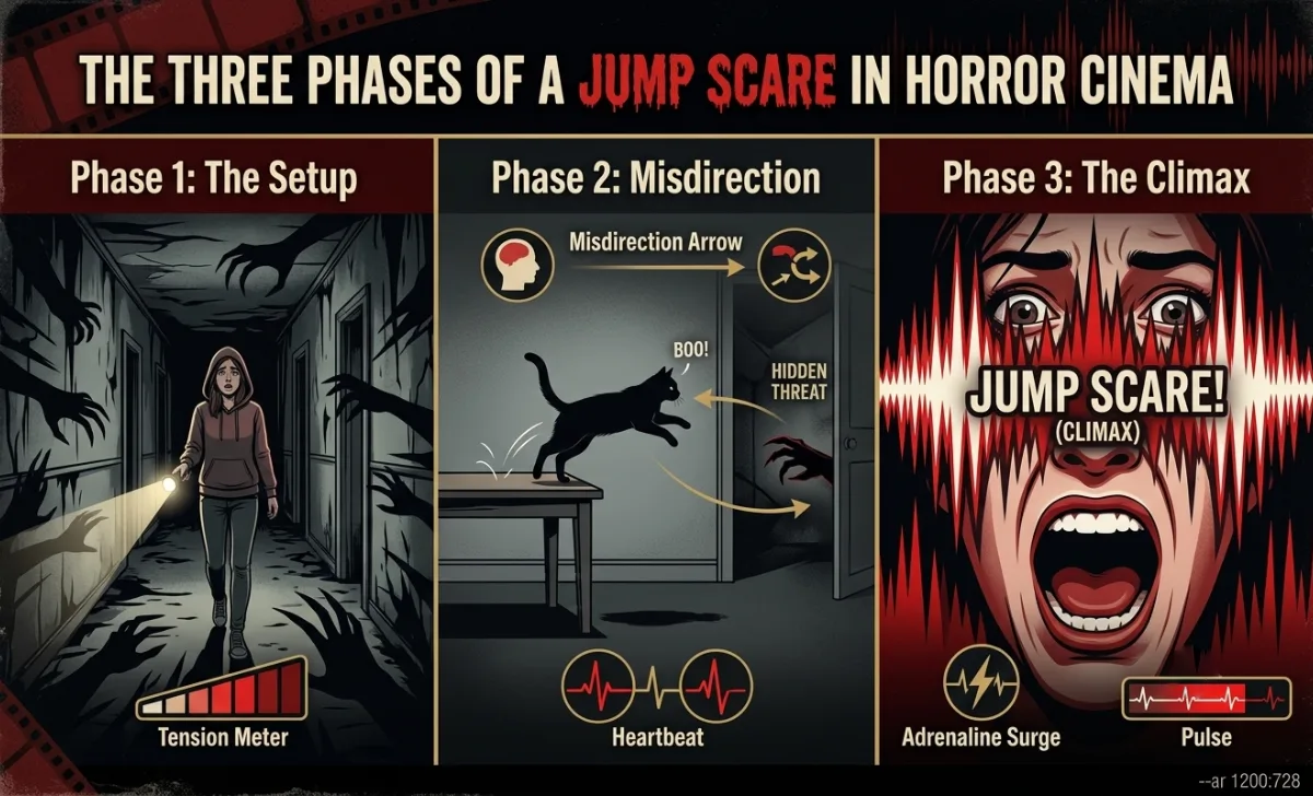 Infographic showing the three phases of a jump scare: Setup, Misdirection, and Climax with visual examples