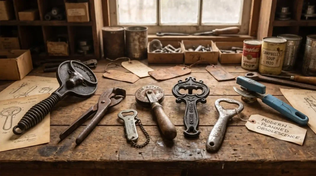 Collection of antique can openers including Bull's Head, P-38 military opener, and cast iron models displayed on a vintage workbench, highlighting their durability, history, and craftsmanship compared to modern can openers.
