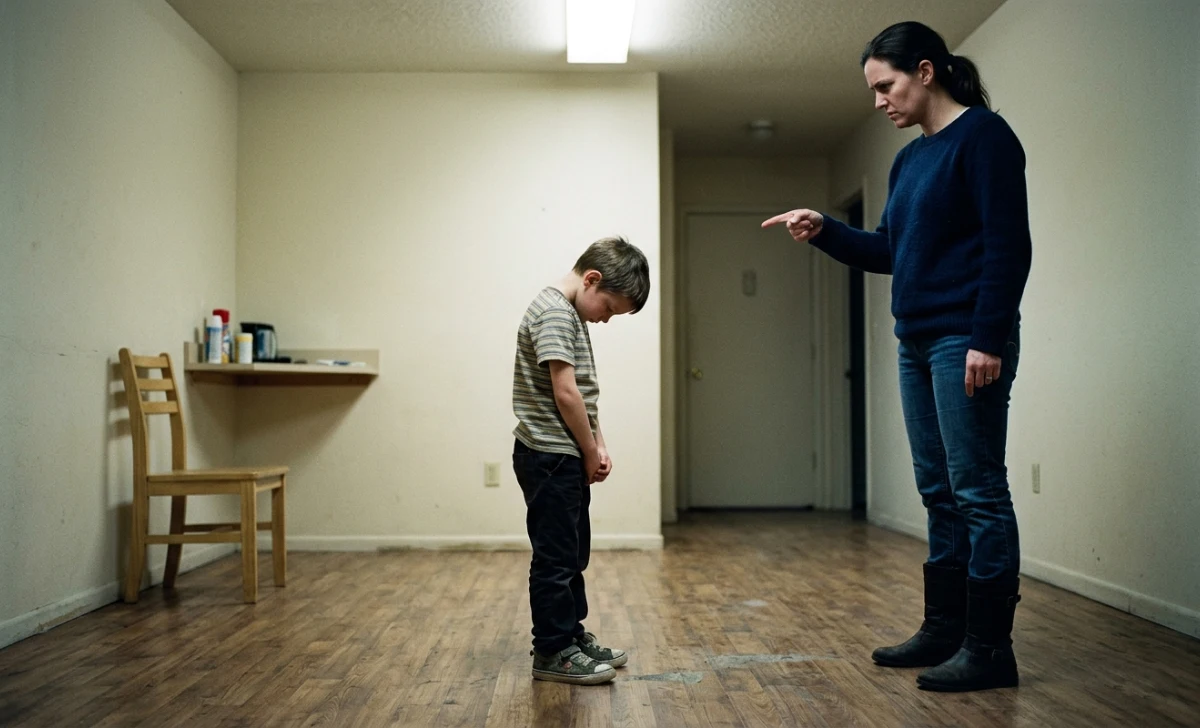 Parent pointing finger at sad child who is looking down, representing authoritarian parenting with strict rules but low warmth.