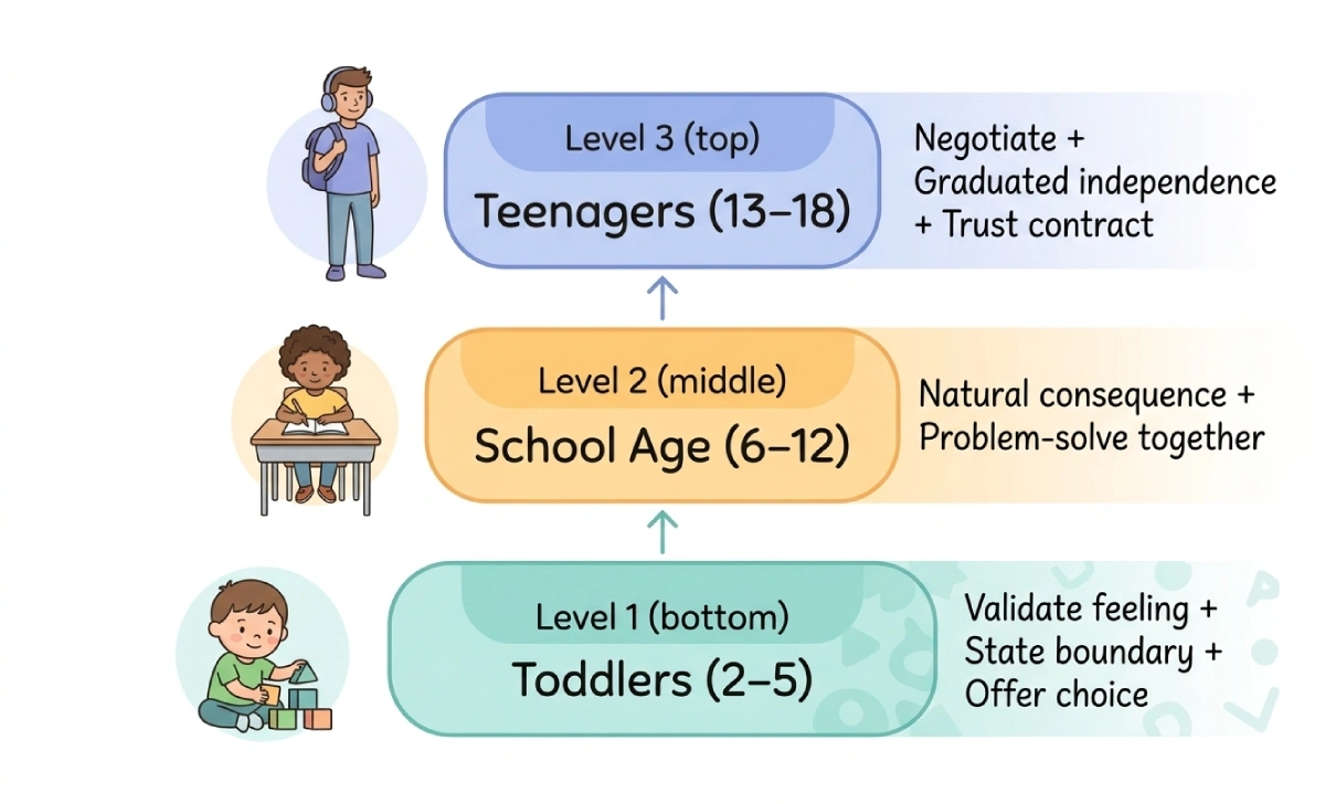 Age ladder infographic showing authoritative parenting scripts for toddlers (validate feeling plus boundary plus choice), school age children (natural consequences plus problem solving), and teenagers (negotiation plus graduated independence plus trust contracts)