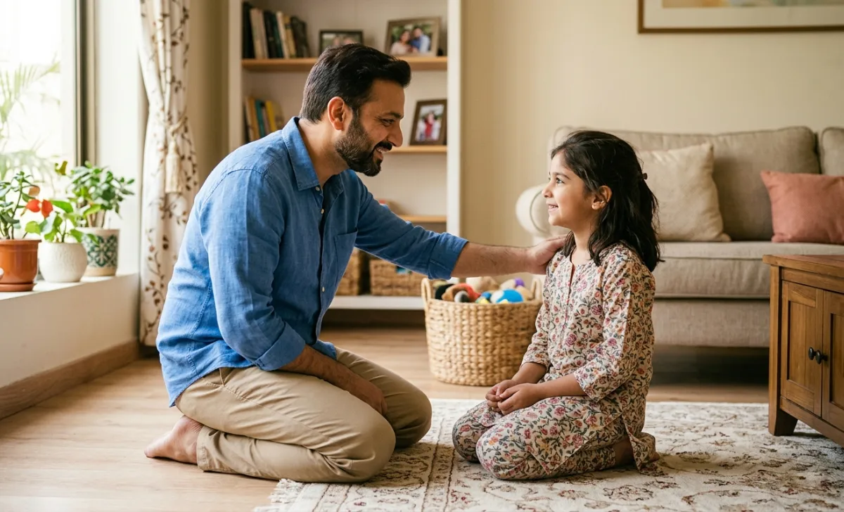 Parent kneeling to talk calmly with young child at eye level, both smiling, representing authoritative parenting with high warmth and clear boundaries.