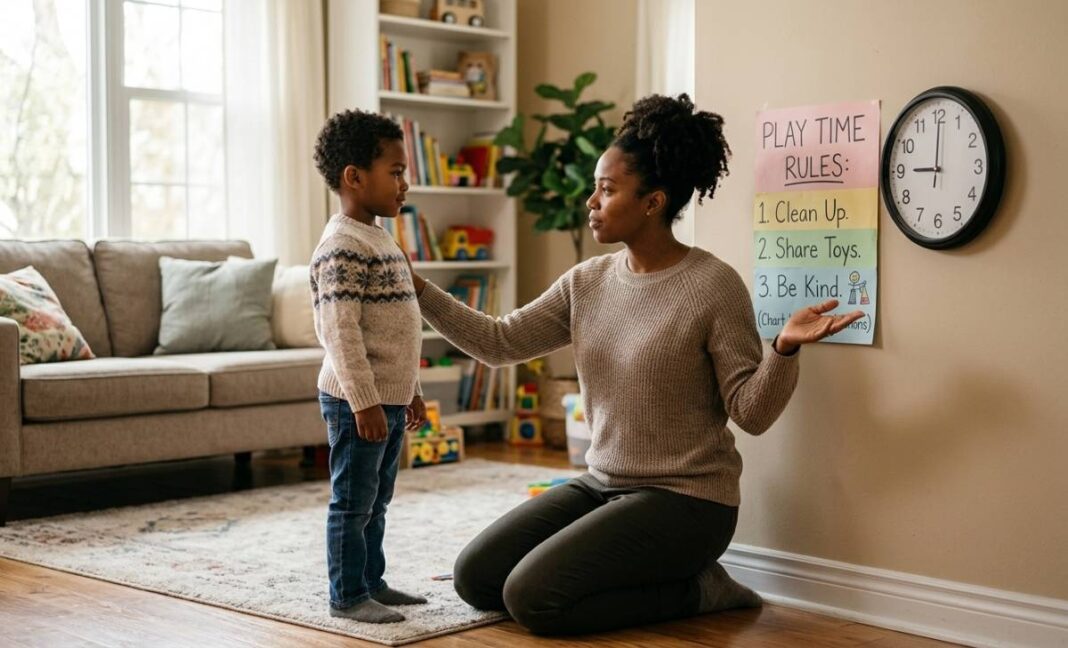 Parent kneeling to make eye contact with young child, one hand offering comfort and one hand gesturing toward a boundary – representing authoritative parenting balance of warmth and structure