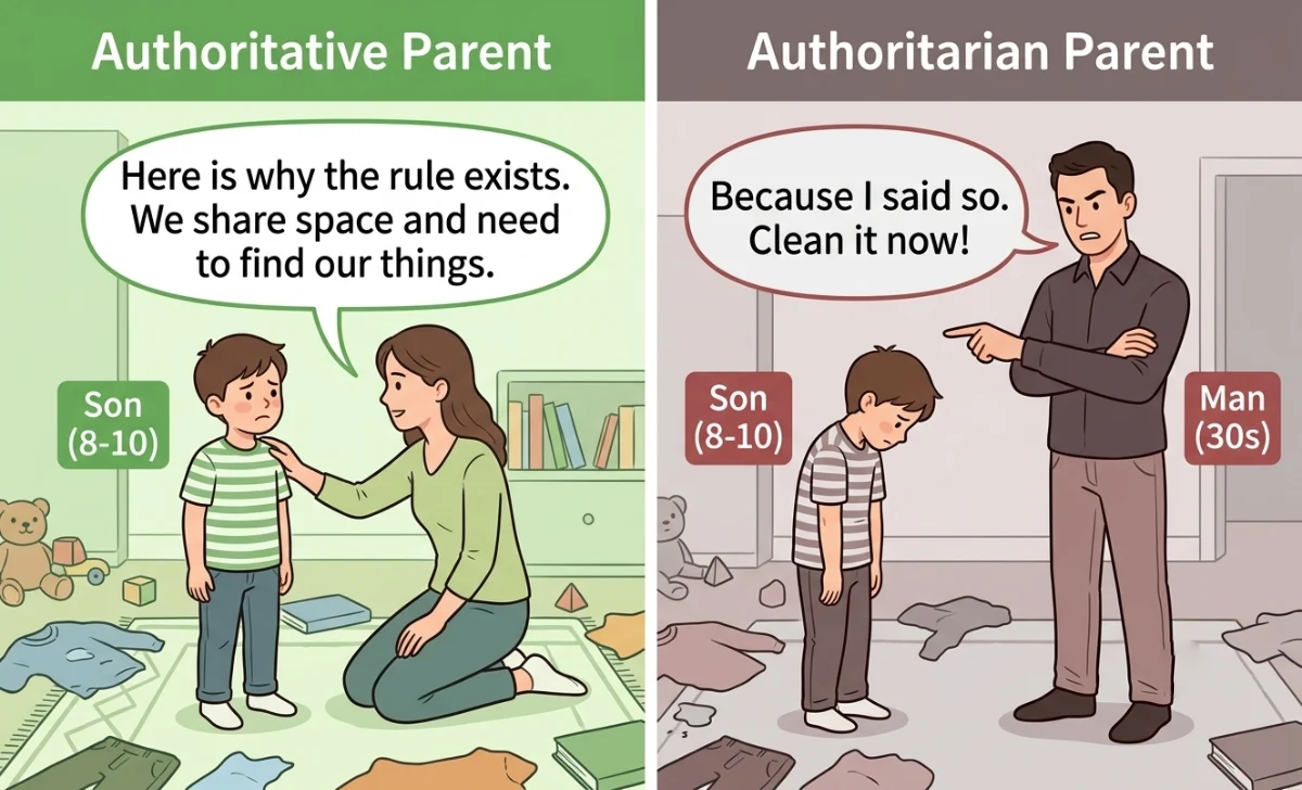 Side by side comparison of authoritative versus authoritarian parenting for the same child scenario – authoritative parent kneels and explains rules, authoritarian parent stands with crossed arms and demands obedience without explanation