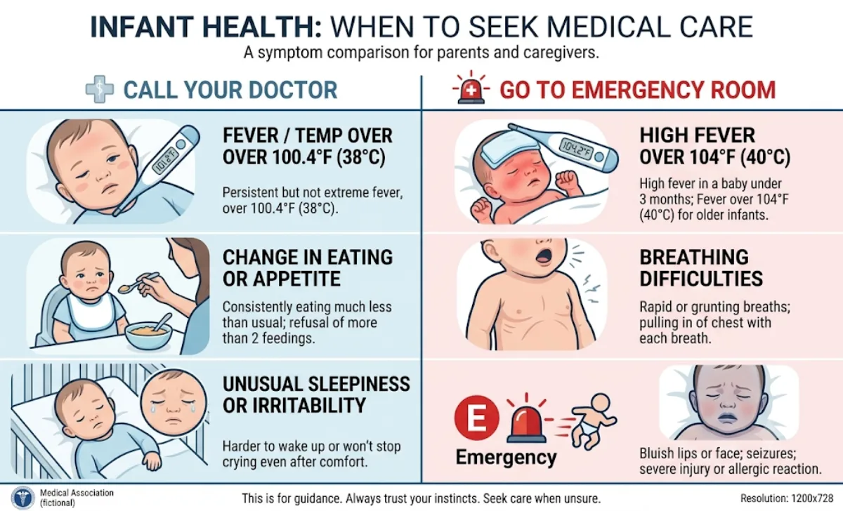 Comparison guide showing when to call a doctor versus when to go to the emergency room for a crying baby, with symptom checklists in two columns