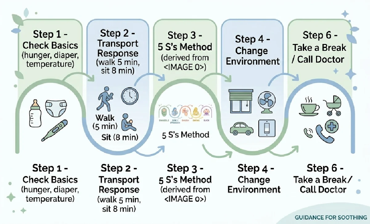 Step-by-step troubleshooting flowchart for soothing a crying baby showing six steps: check basics, transport response, 5 S's method, change environment, car ride, and when to seek help.