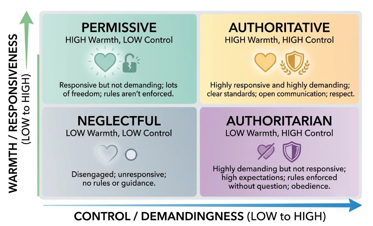 Four parenting styles comparison chart showing authoritative top-right with high warmth and high control, authoritarian bottom-right with low warmth and high control, permissive top-left with high warmth and low control, and neglectful bottom-left with low warmth and low control