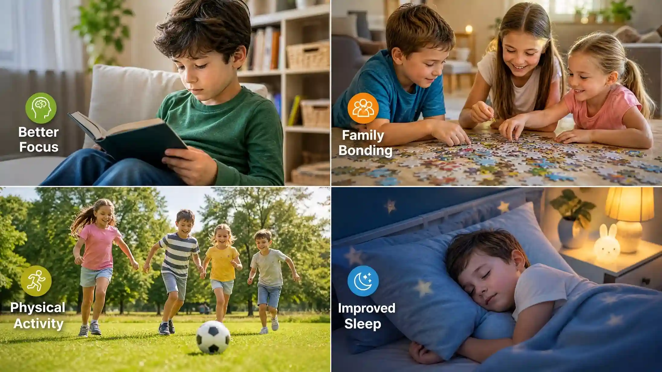 Children benefiting from offline play, reading, and physical activities.