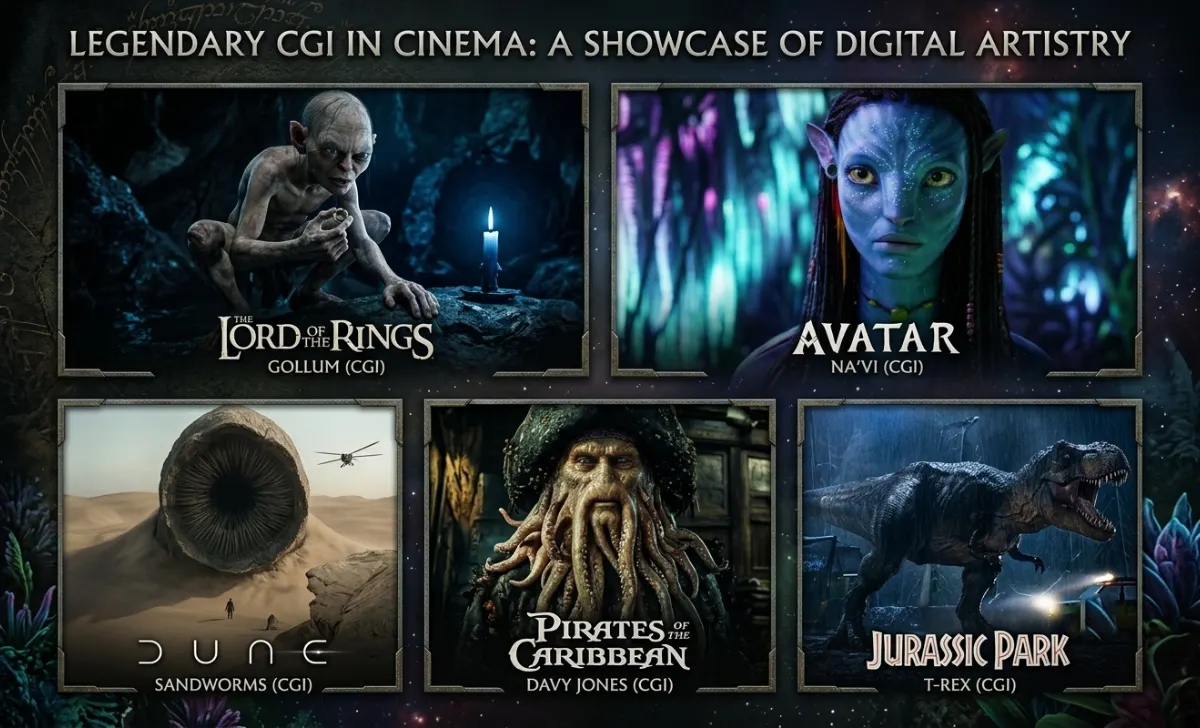 Showcase of films with the best CGI: Lord of the Rings, Avatar, Dune, Jurassic Park, Pirates of the Caribbean