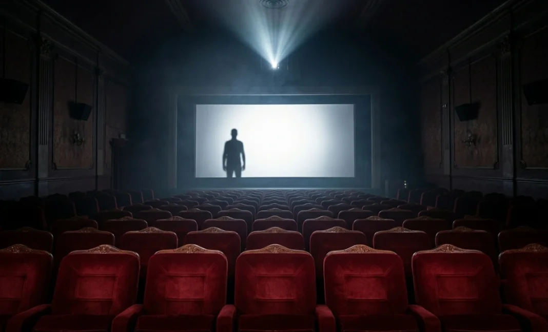 Empty cinema interior with dramatic spotlight on a dark screen