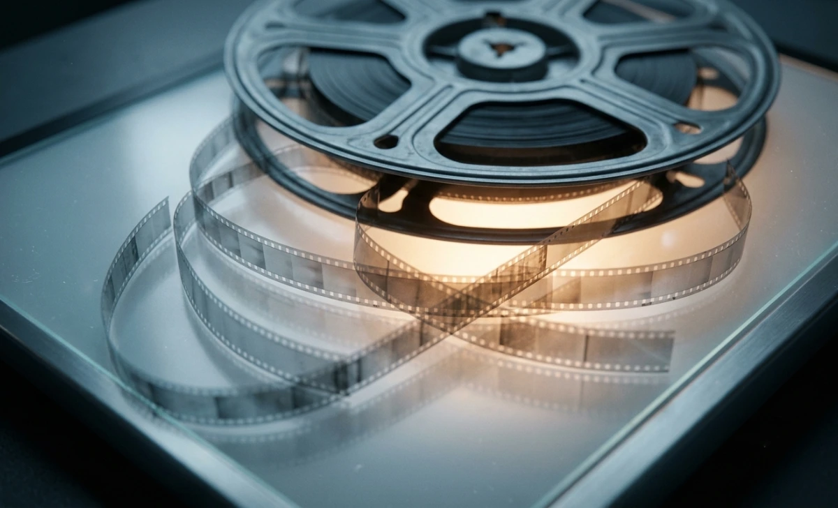 Close-up of a film reel unspooling on a backlit light table