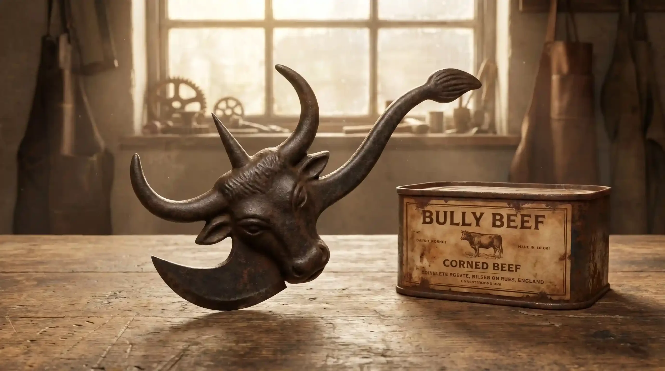 Victorian-era Bull's Head cast iron can opener displayed on a rustic wooden table beside a vintage Bully Beef can, highlighting its unique bull-shaped design and antique craftsmanship.