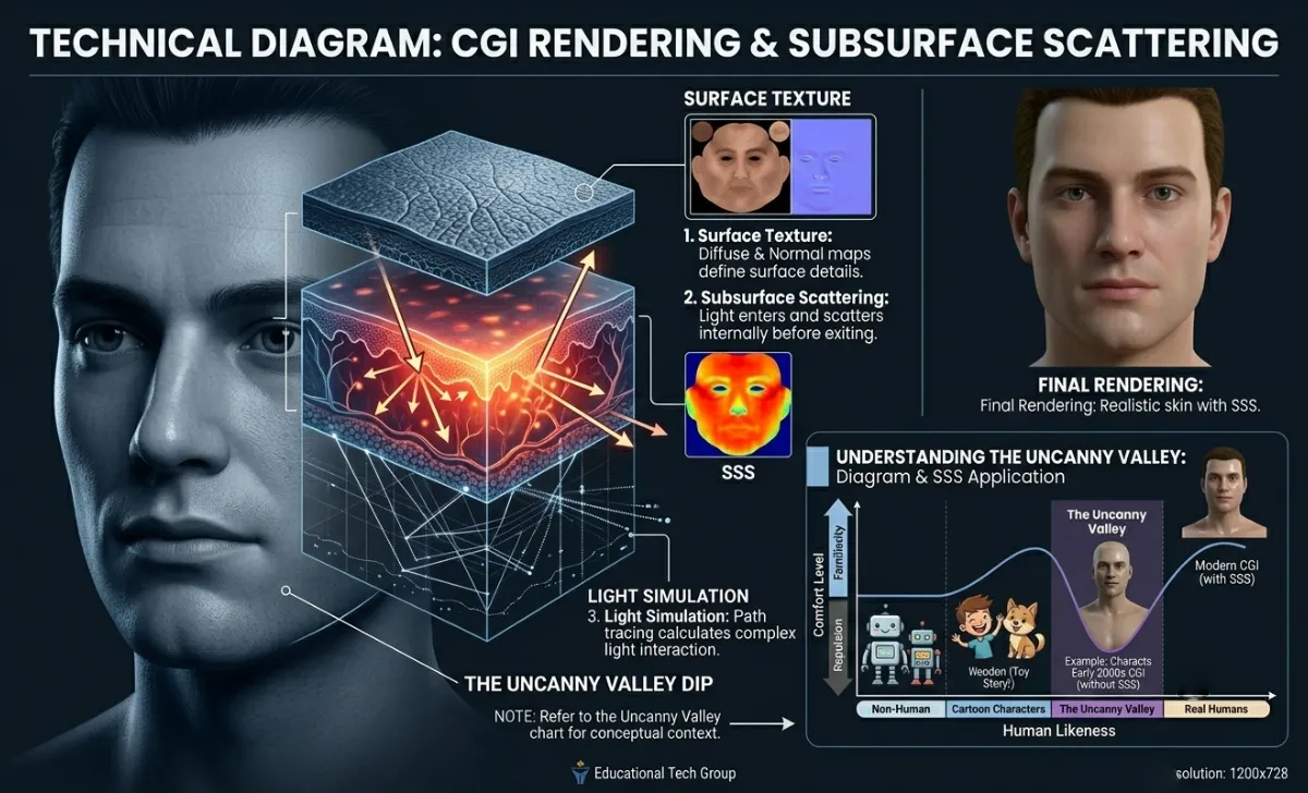 Diagram showing subsurface scattering and rendering in CGI character creation