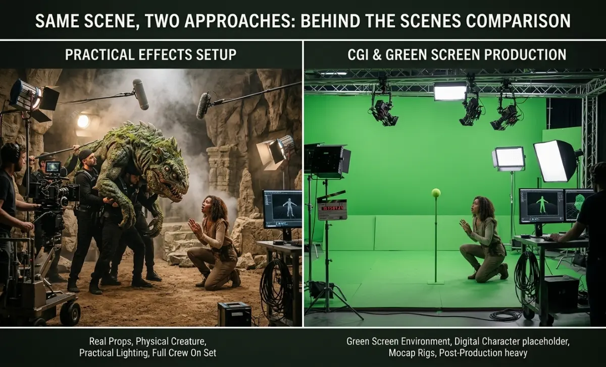 Comparison of practical effects and CGI in film production