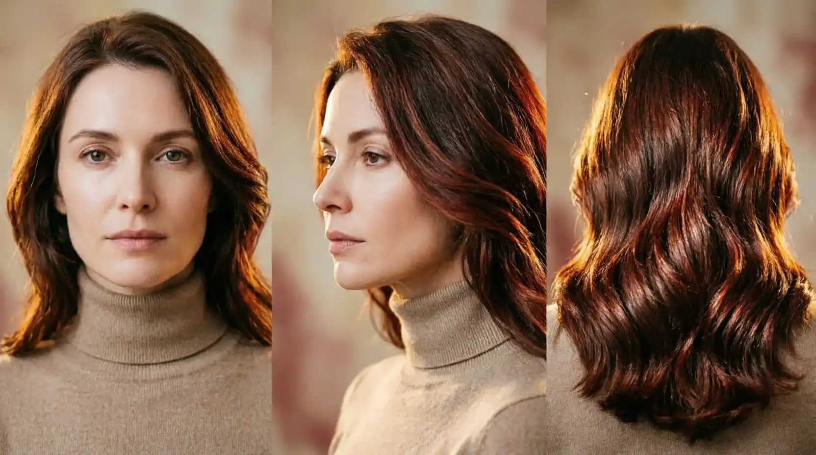 Beauty editorial collage showing chestnut brown hair with soft red undertones on a woman in modest clothing, displayed in three angles under consistent warm studio lighting.
