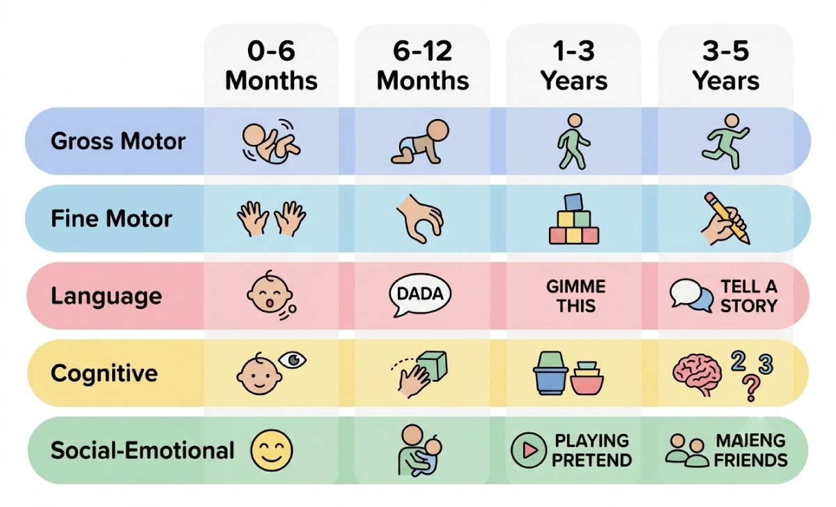 Infographic summary chart of child development milestones by age from birth to 5 years across gross motor, fine motor, language, cognitive, and social-emotional domains