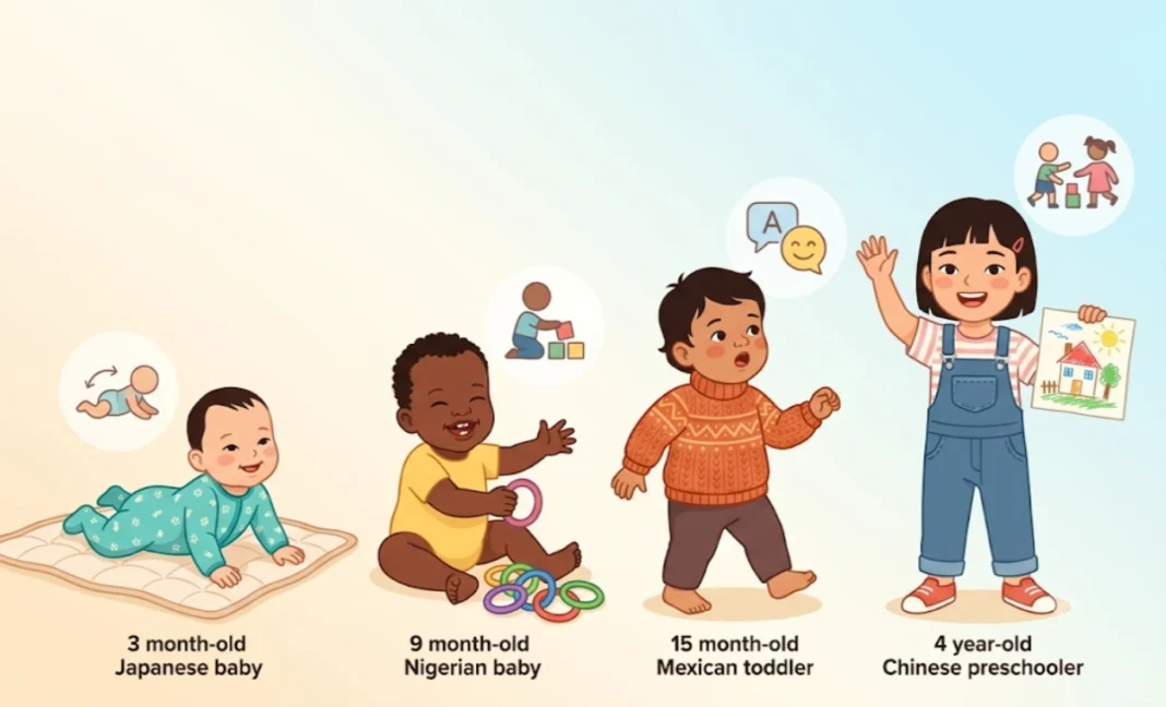 Illustration showing four children at different developmental stages from infancy to preschool, representing child development milestones from birth to age 5