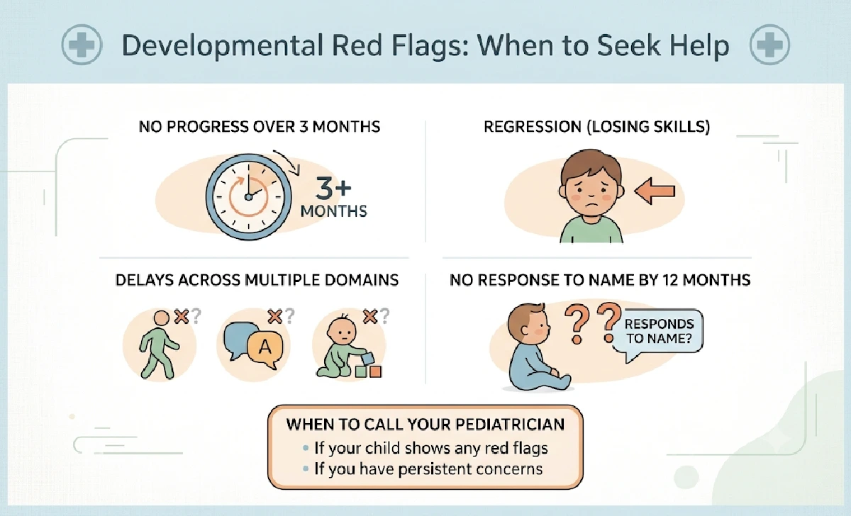 Infographic showing developmental red flags for children including regression, delays across multiple domains, and when to seek professional help from a pediatrician