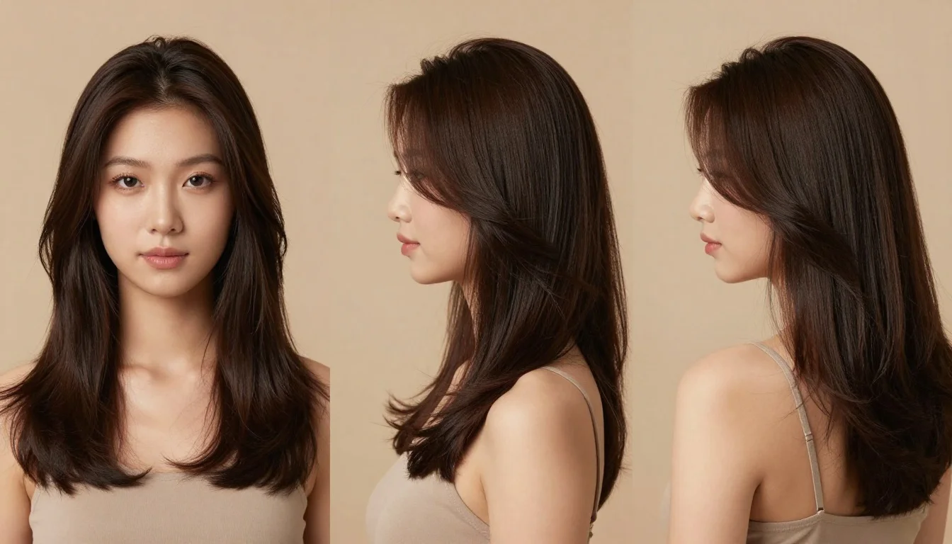 Beauty editorial collage showing espresso luxe hair with deep warm brown-black tones on a woman in modest clothing, displayed in three angles under consistent luxury studio lighting.