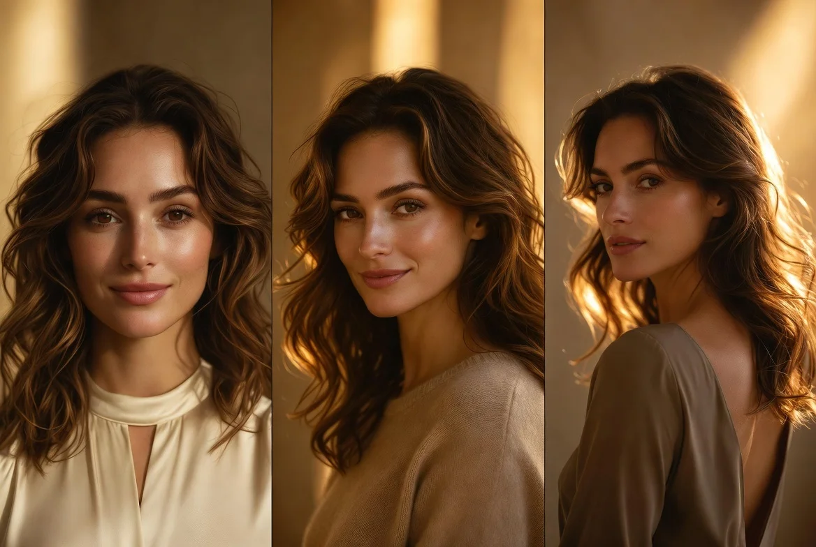 Luxury beauty editorial collage showing golden brown hair with warm gold reflections on a woman in modest clothing, displayed in three angles under consistent studio lighting.
