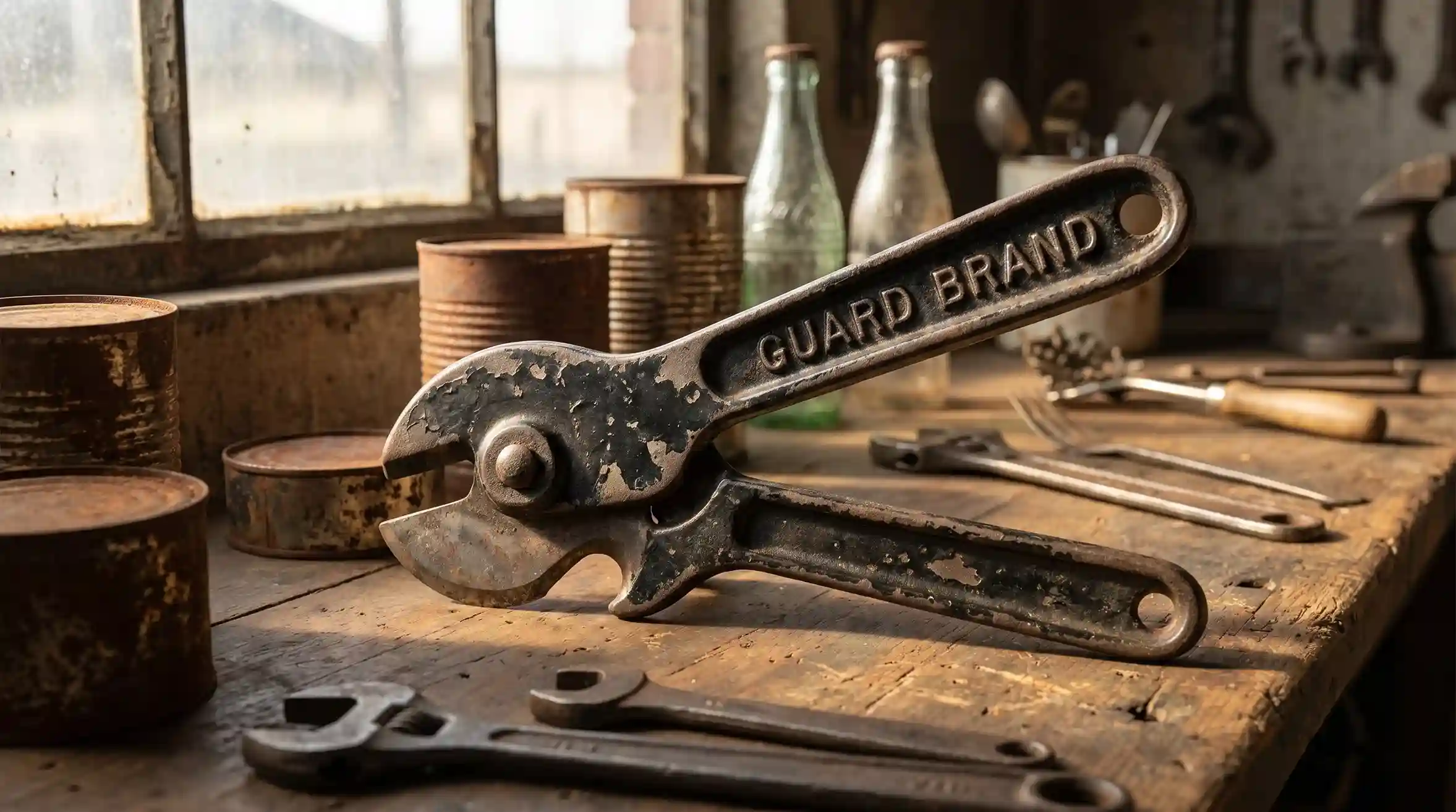 Guard Brand cast iron can opener from the 1920s displayed on a rustic workbench, showcasing its heavy-duty construction, bottle opener, and can-piercing blade.