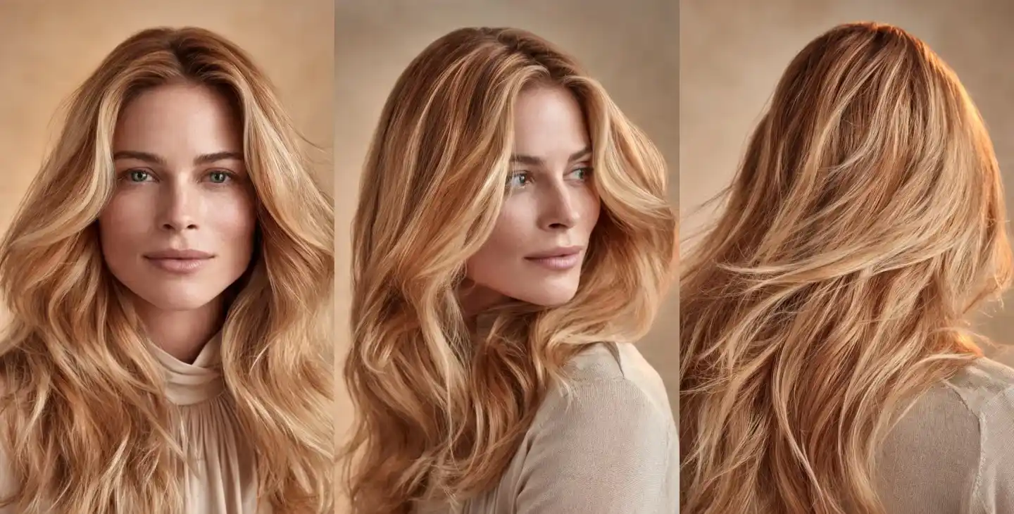 Elegant beauty editorial portrait showing honey blonde hair in three angles under consistent warm lighting, highlighting soft golden-amber tones on a woman with warm skin in a studio setting.