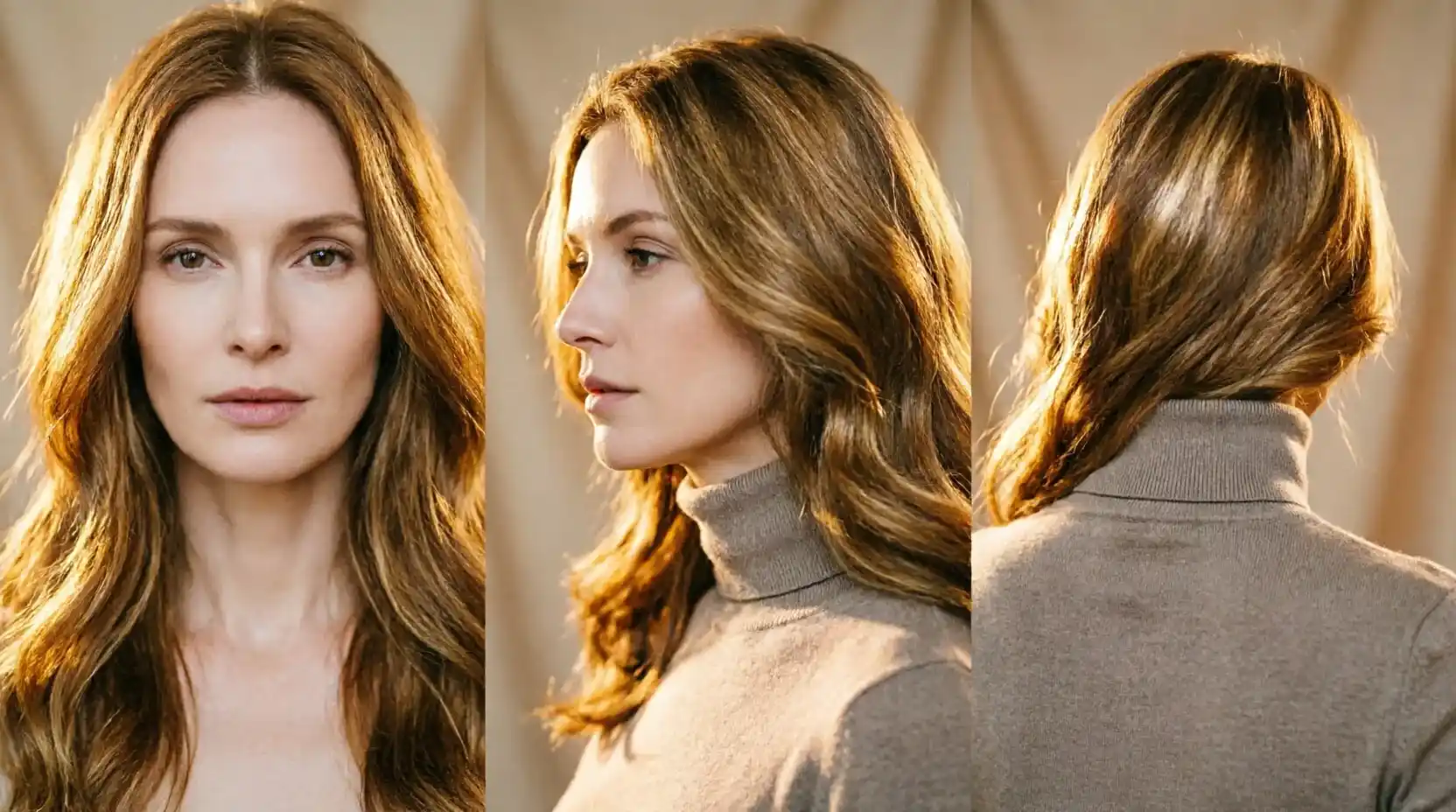 Beauty editorial collage showing honey brown hair with warm golden-brown tones on a woman in modest clothing, displayed in three angles under consistent luxury studio lighting.