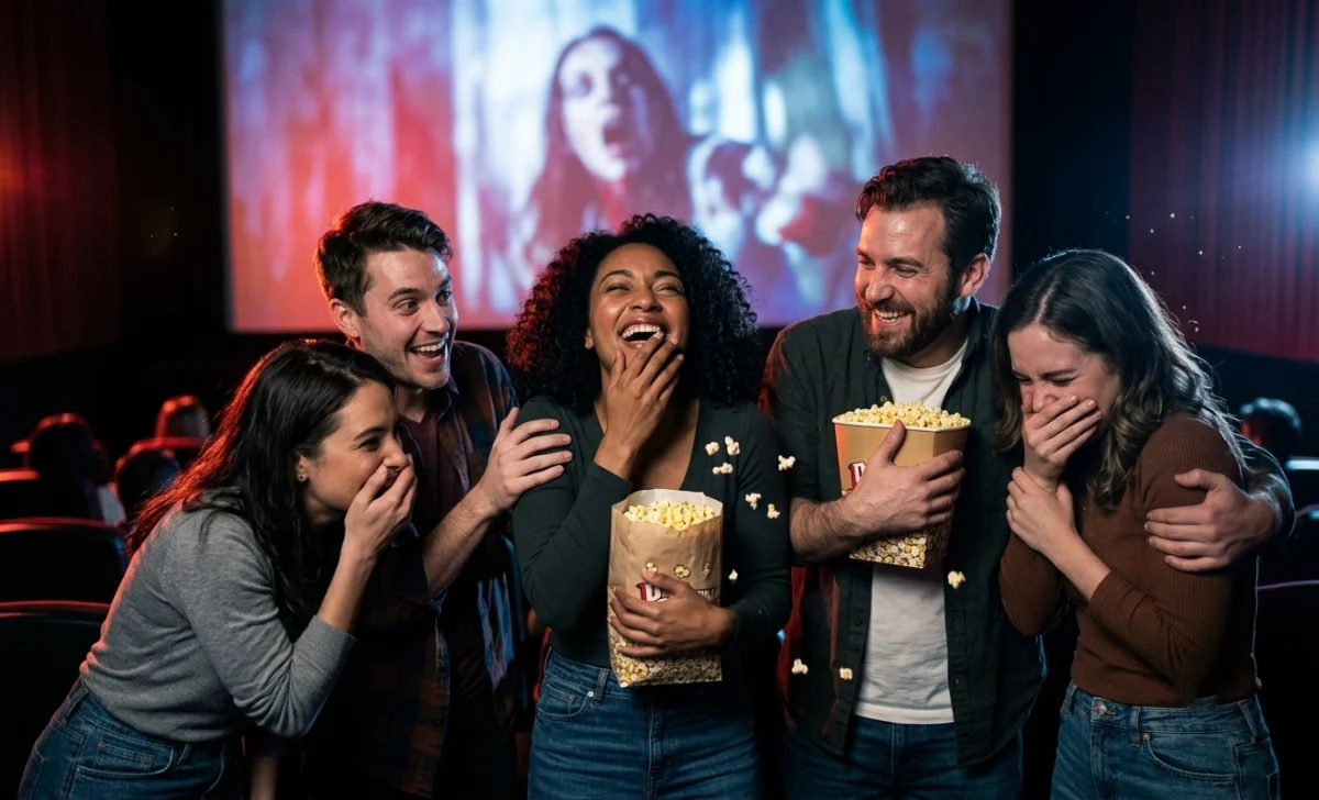 Horror movie audience members laughing nervously after a jump scare, illustrating the cathartic release of adrenaline