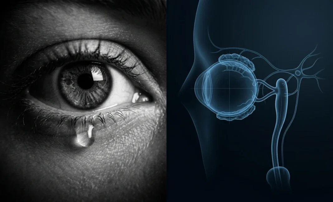 Split image showing a dramatic close-up of a human eye with a tear next to a blue anatomical diagram of the lacrimal gland, representing the art and science of crying on command.