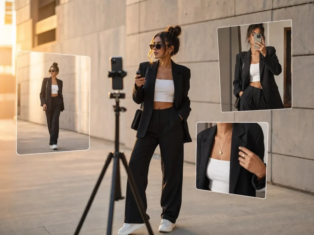 A person taking outfit photos by themselves using a smartphone on a tripod in natural light showing a full outfit photography setup