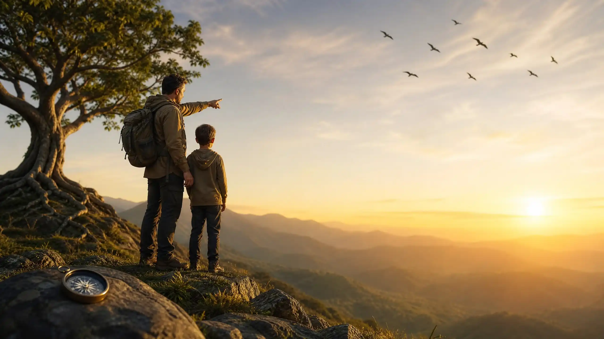 Inspirational Father's Day Quotes featured image of a father guiding his child with wisdom, courage, and unconditional love at sunrise