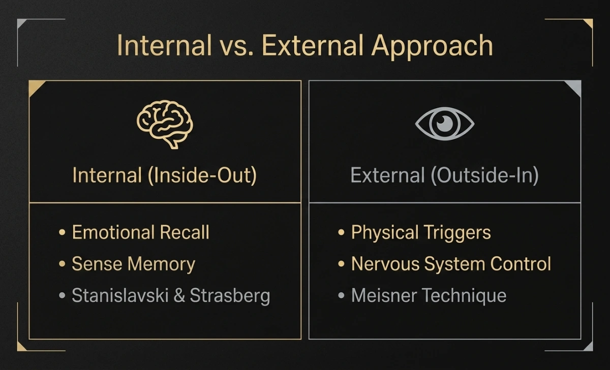 Comparison infographic showing the Internal psychological approach and External physiological approach actors use to cry on cue, with key figures and techniques listed.