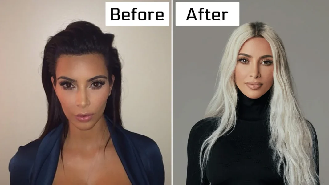Side-by-side comparison of Kim Kardashian showing her 'Before' look with dark hair and her 'After' look with platinum blonde hair, highlighting facial changes over time.