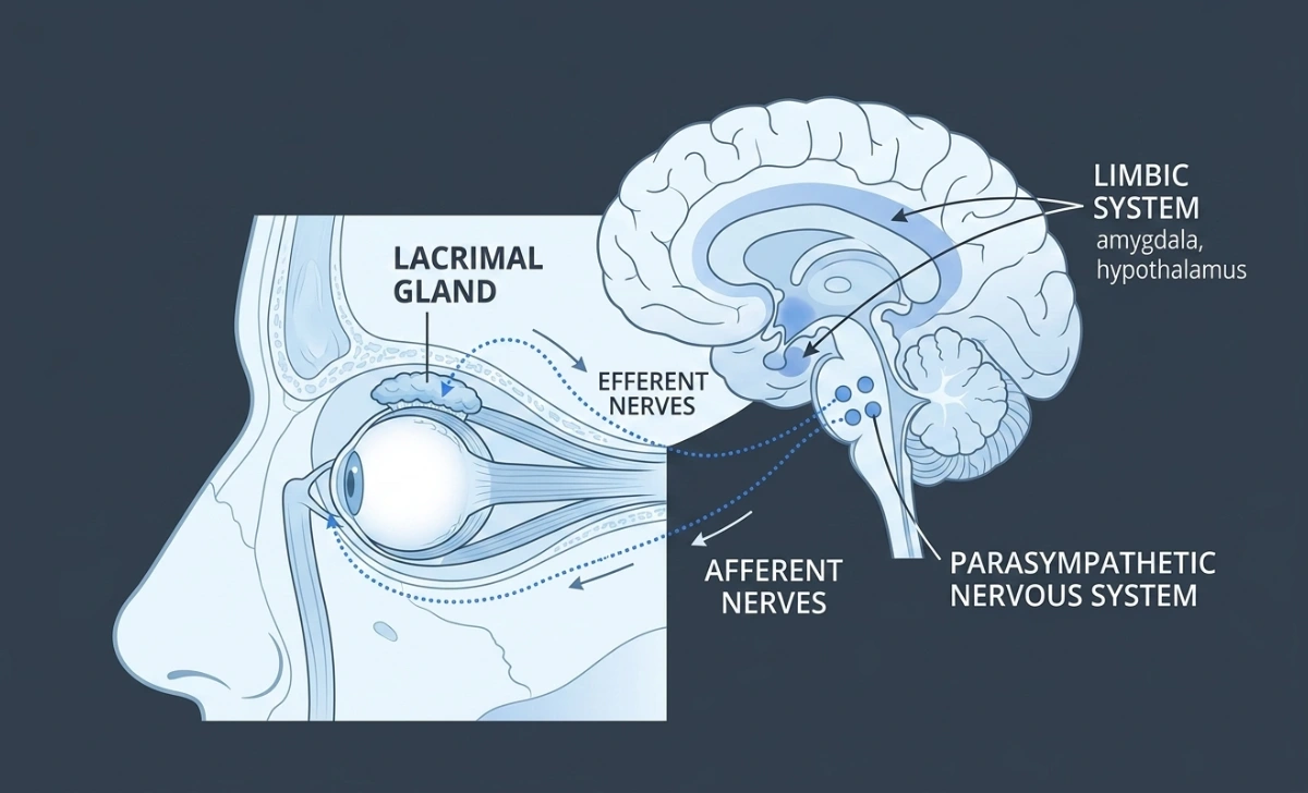 Labeled medical diagram showing the lacrimal gland above the eye and its connection to the brain's limbic system and parasympathetic nervous system.