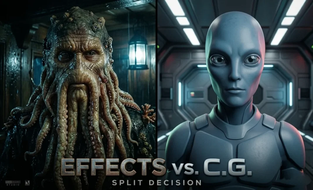 Split-screen comparison showing practical effects looking more realistic than modern CGI