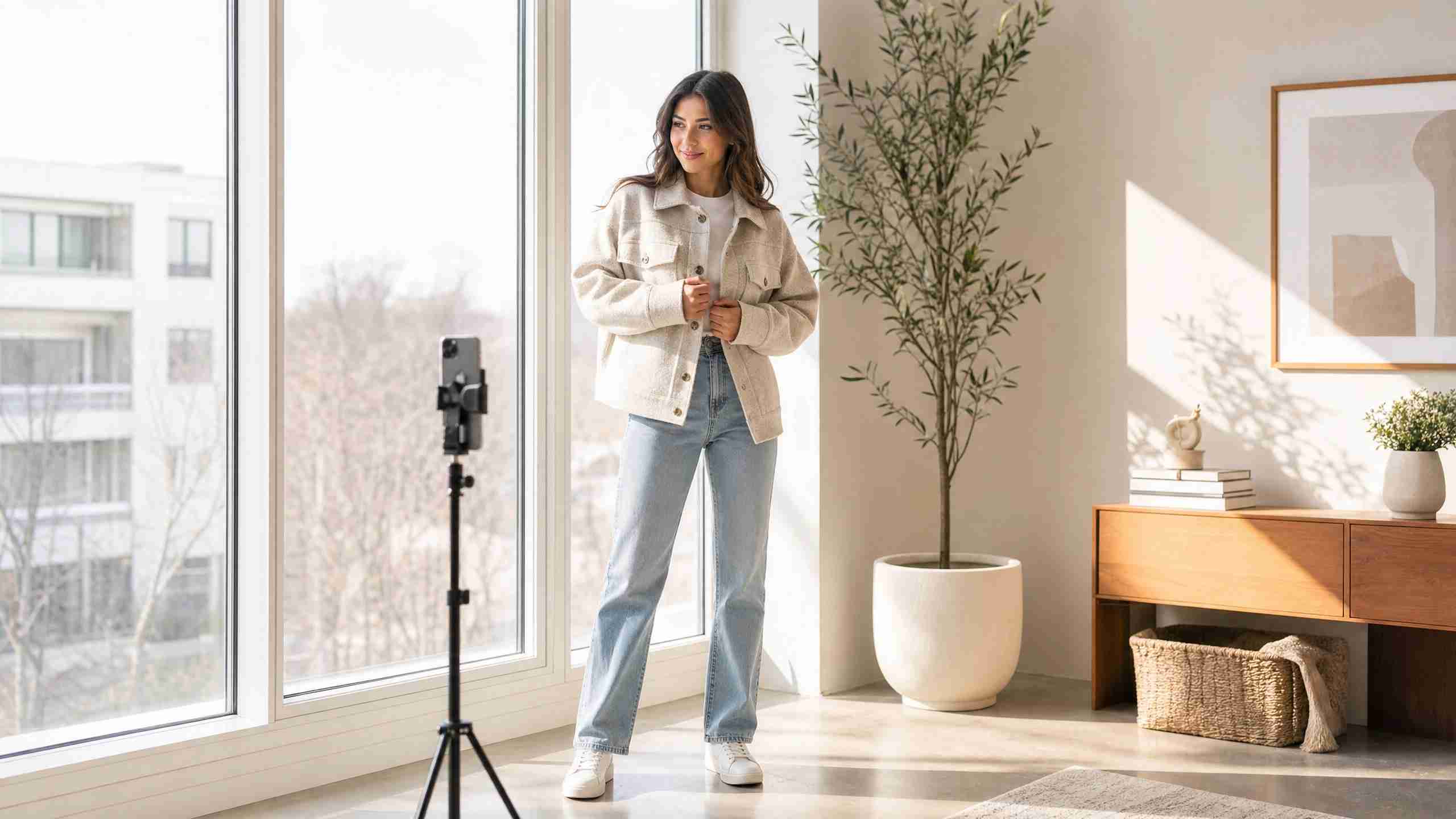 Outfit photography using natural light near a window with soft sunlight and tripod setup