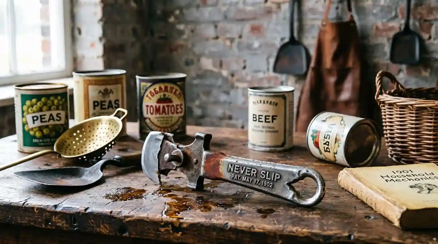 Never Slip antique can opener from 1902 with embossed branding and patent date, displayed on a wooden workbench with vintage cans and tools.
