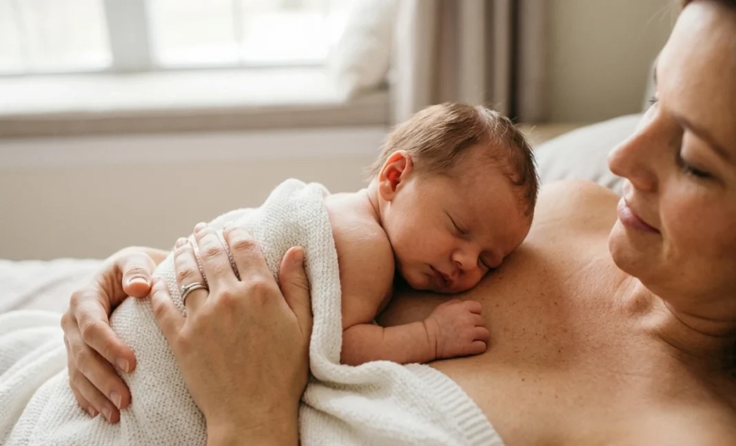 Peaceful newborn baby sleeping skin-to-skin on parent's chest in soft natural light