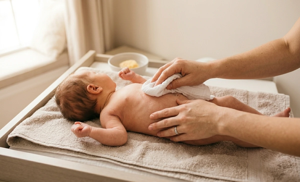 Parent giving a newborn a gentle sponge bath with warm washcloth on a soft towel