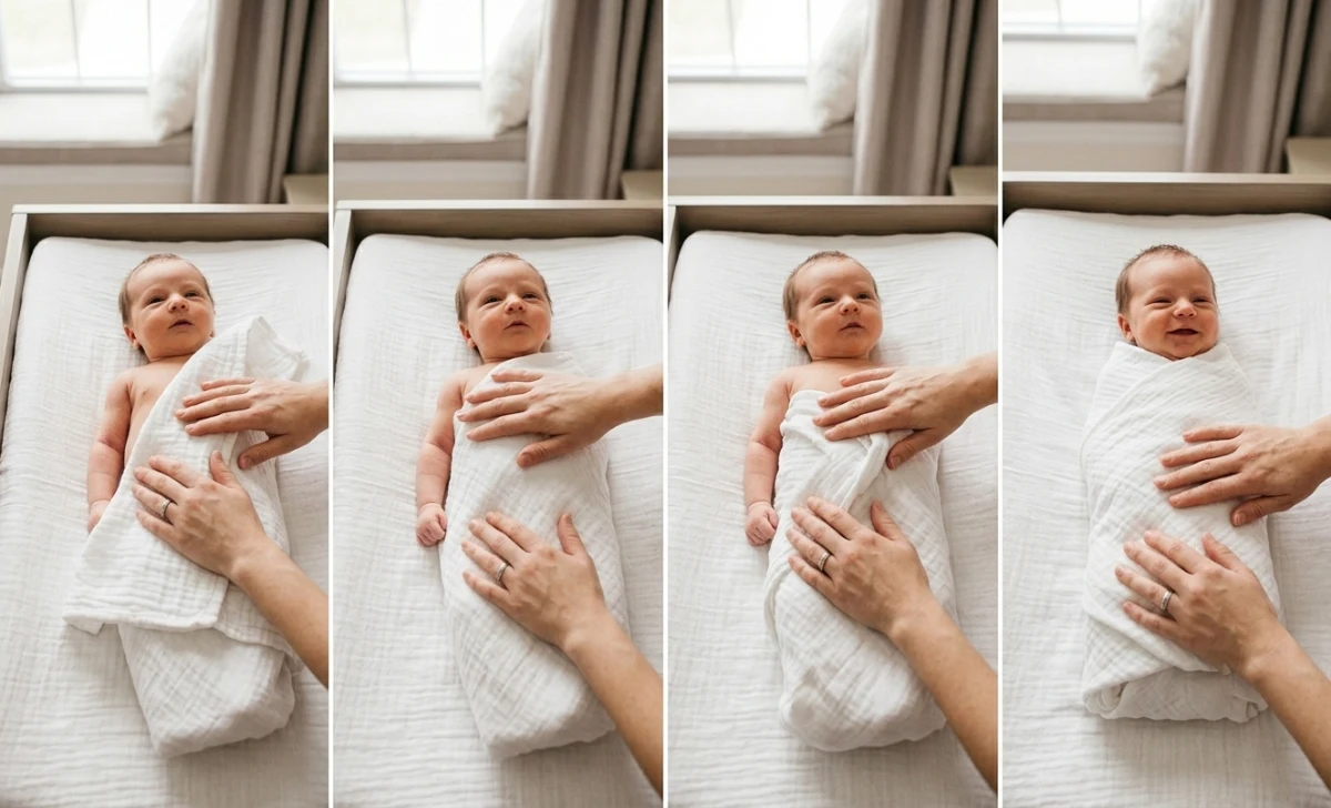 Step-by-step demonstration of proper newborn swaddling technique with arms secured and head visible