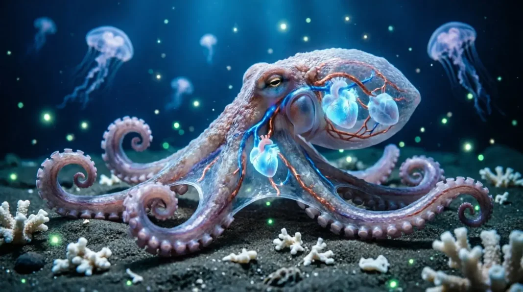 Octopus three hearts illustration showing the systemic and branchial hearts in blue glowing detail.