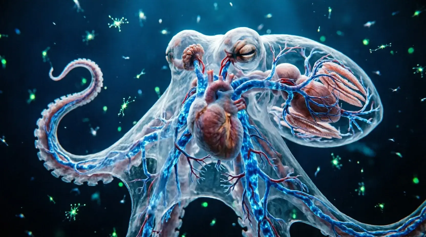 Cross-section of an octopus showing its three hearts: two branchial and one systemic heart.