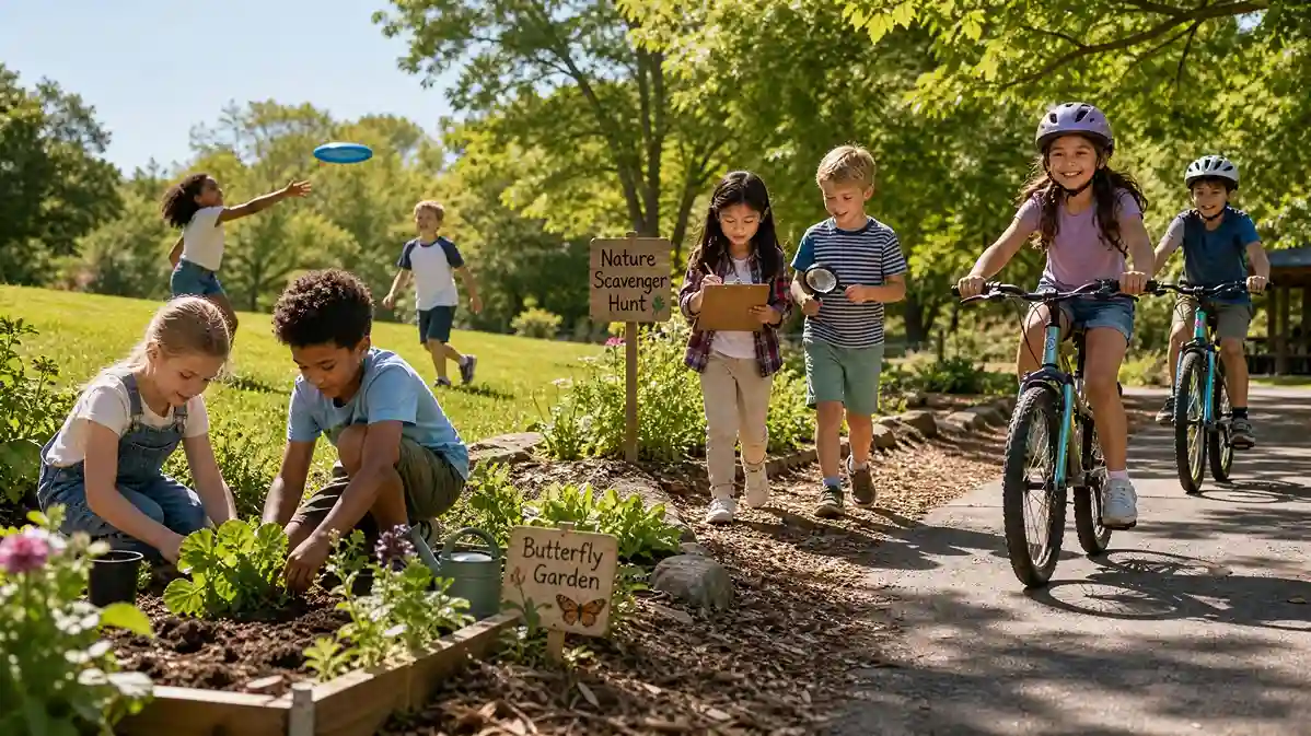Children enjoying outdoor activities including biking, gardening, and nature exploration.