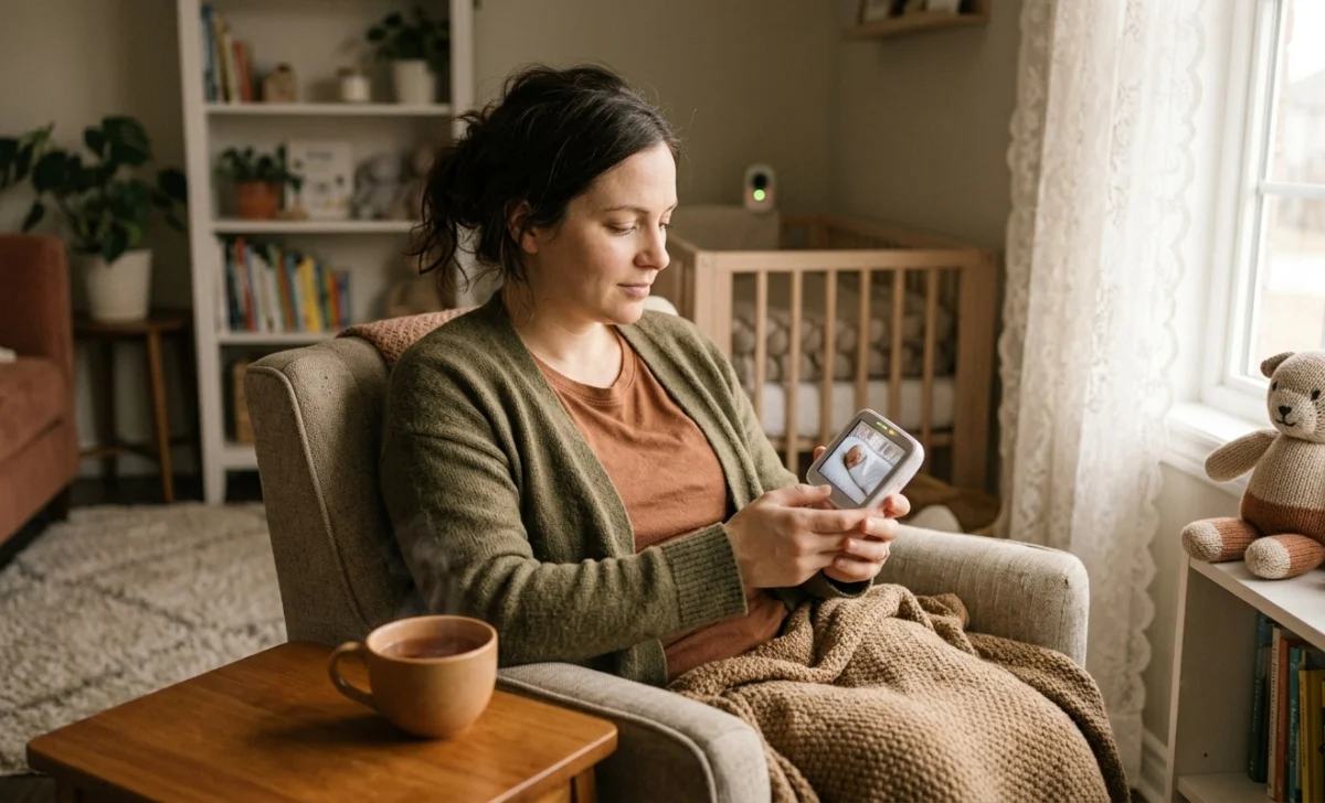 Exhausted parent taking a quiet moment to rest and practice self-care while monitoring their sleeping baby, representing emotional support for overwhelmed parents. 