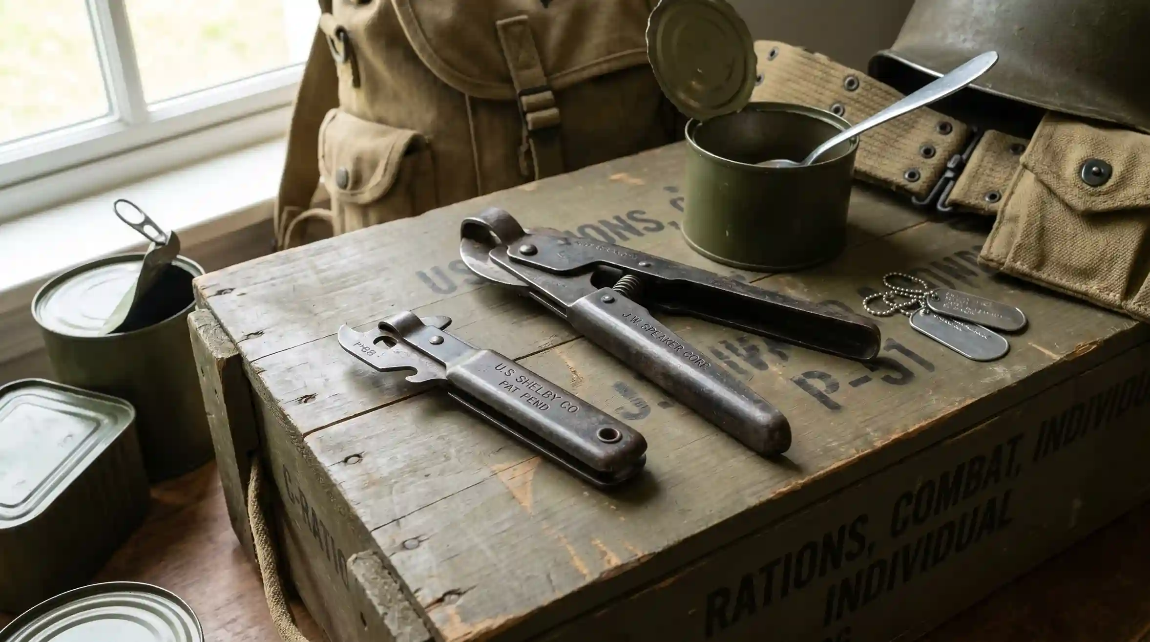 World War II-era P-38 and P-51 military can openers displayed with vintage ration cans, dog tags, and field equipment, showcasing their compact and durable design.