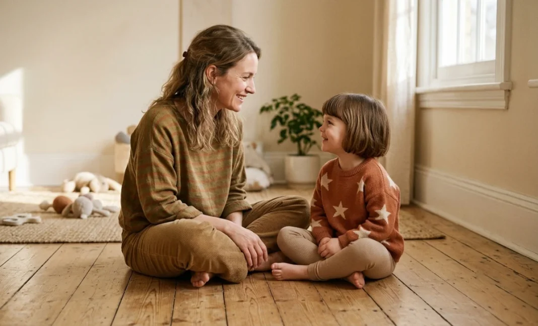 Parent and young child sitting face to face on a wooden floor making eye contact during child-led play