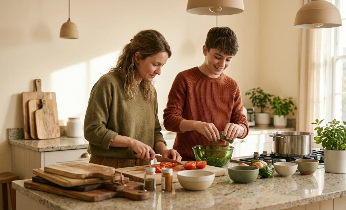Parent and teenager cooking side by side in a bright home kitchen as a relaxed bonding activity