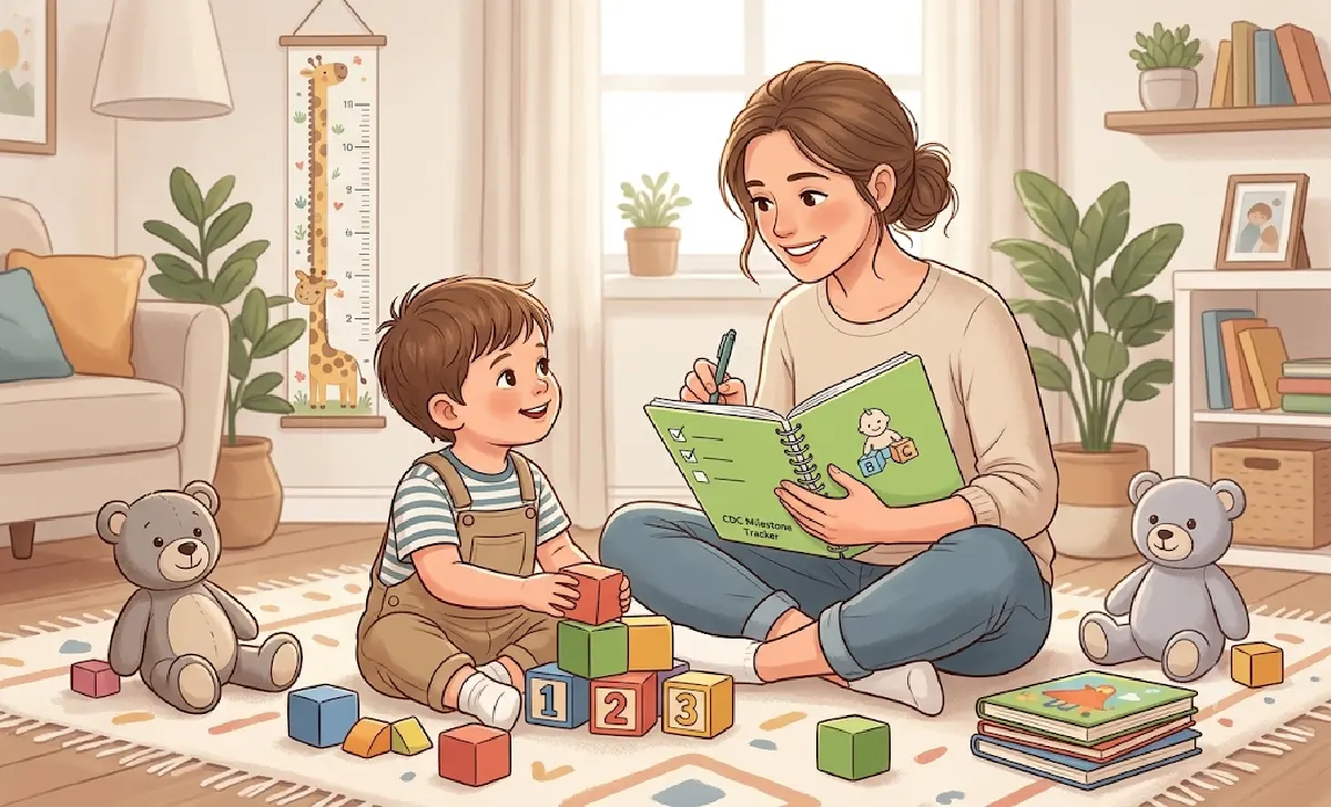 Illustration of a parent sitting with their young child, tracking developmental milestones with a notebook and pen in a cozy home setting