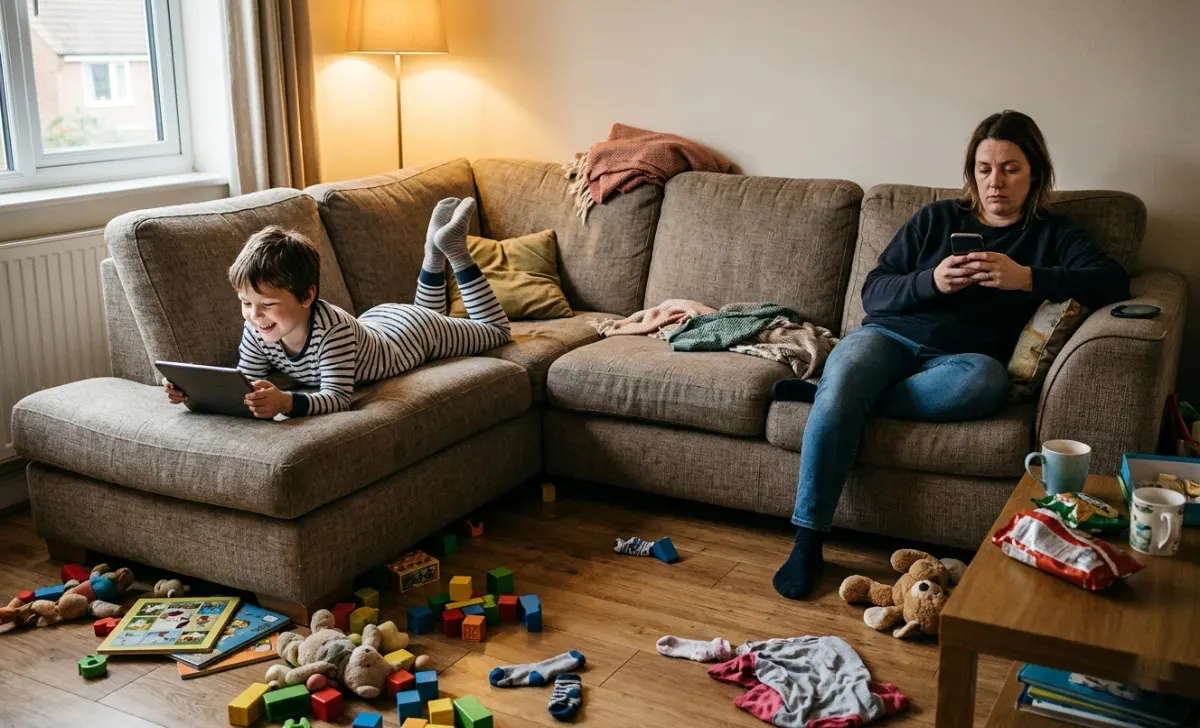Child using tablet on couch with parent smiling in background doing nothing to enforce screen time limits, representing permissive parenting.