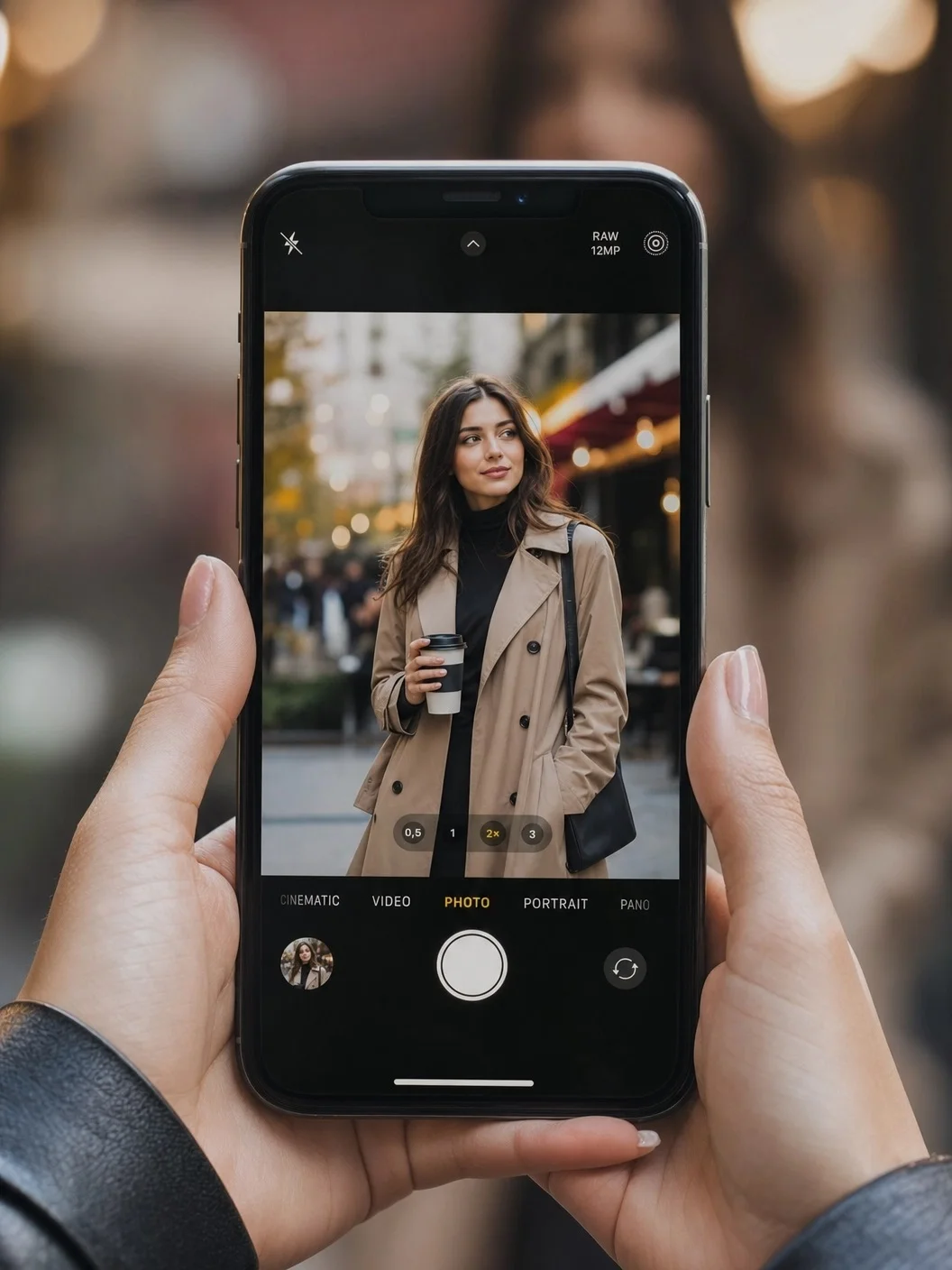 Smartphone using portrait mode to create background blur for outfit photography